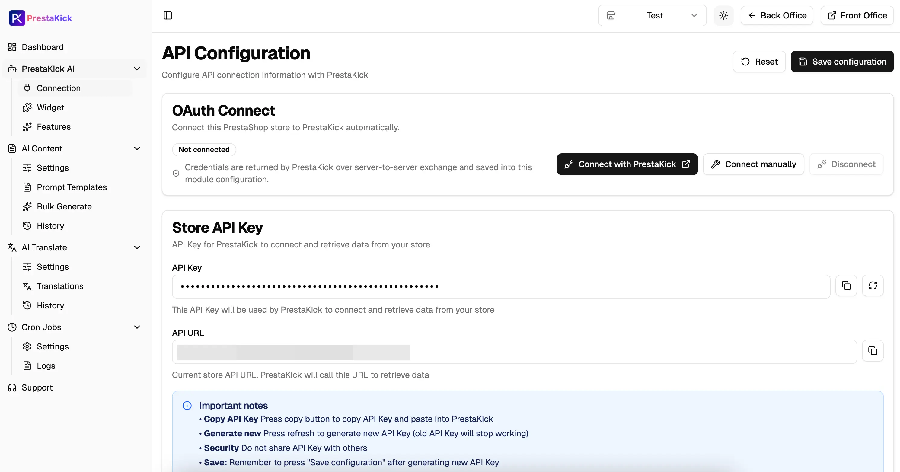 PrestaKick connection screen in the PrestaShop module.
