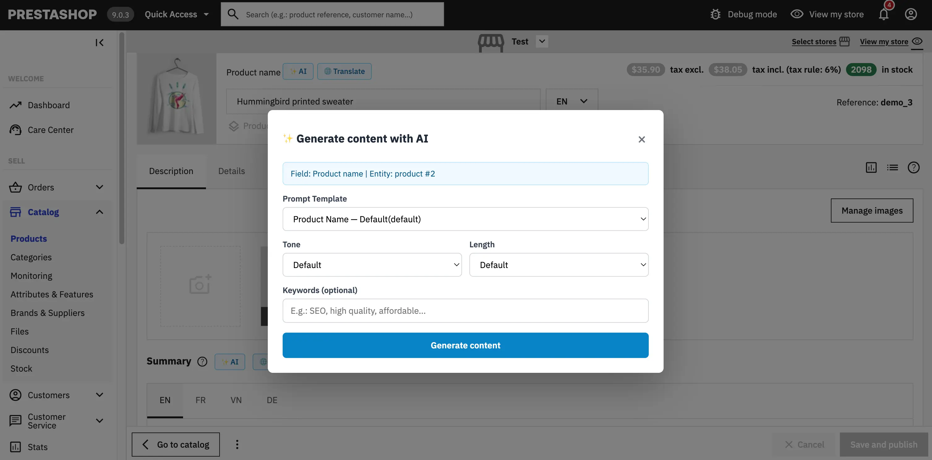 Generate AI Content from the standard PrestaShop product edit page.