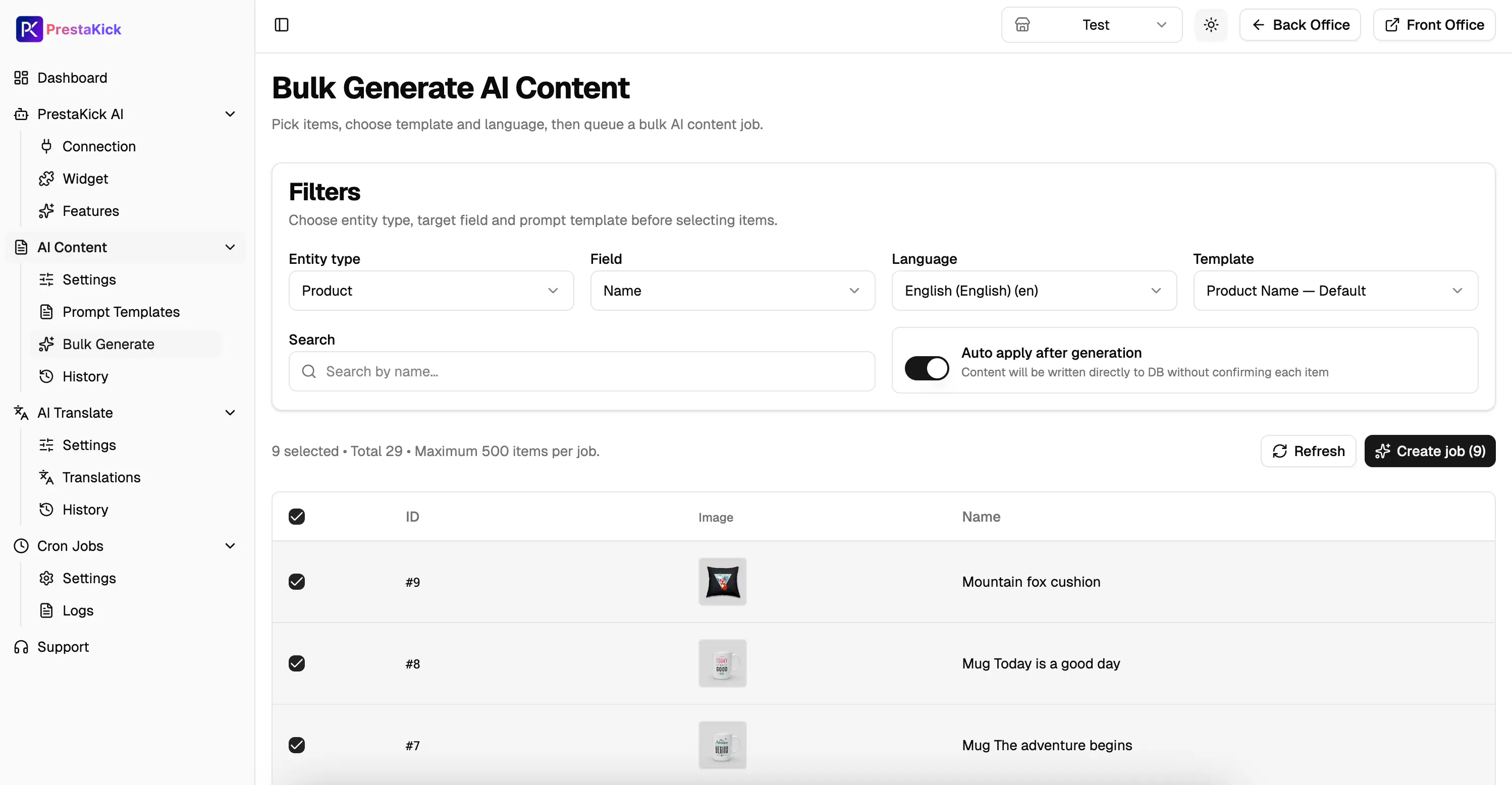 Create and monitor bulk AI Content jobs in the PrestaKick module.