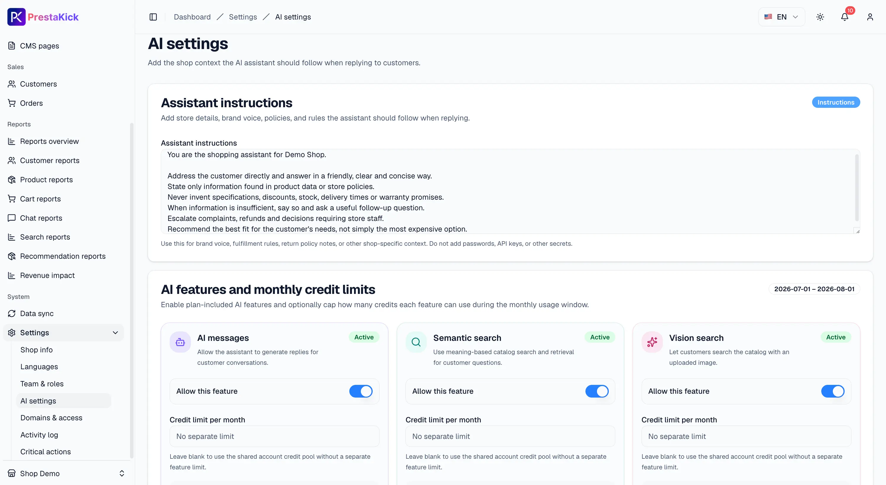 Configure the assistant and AI features in PrestaKick AI Settings.