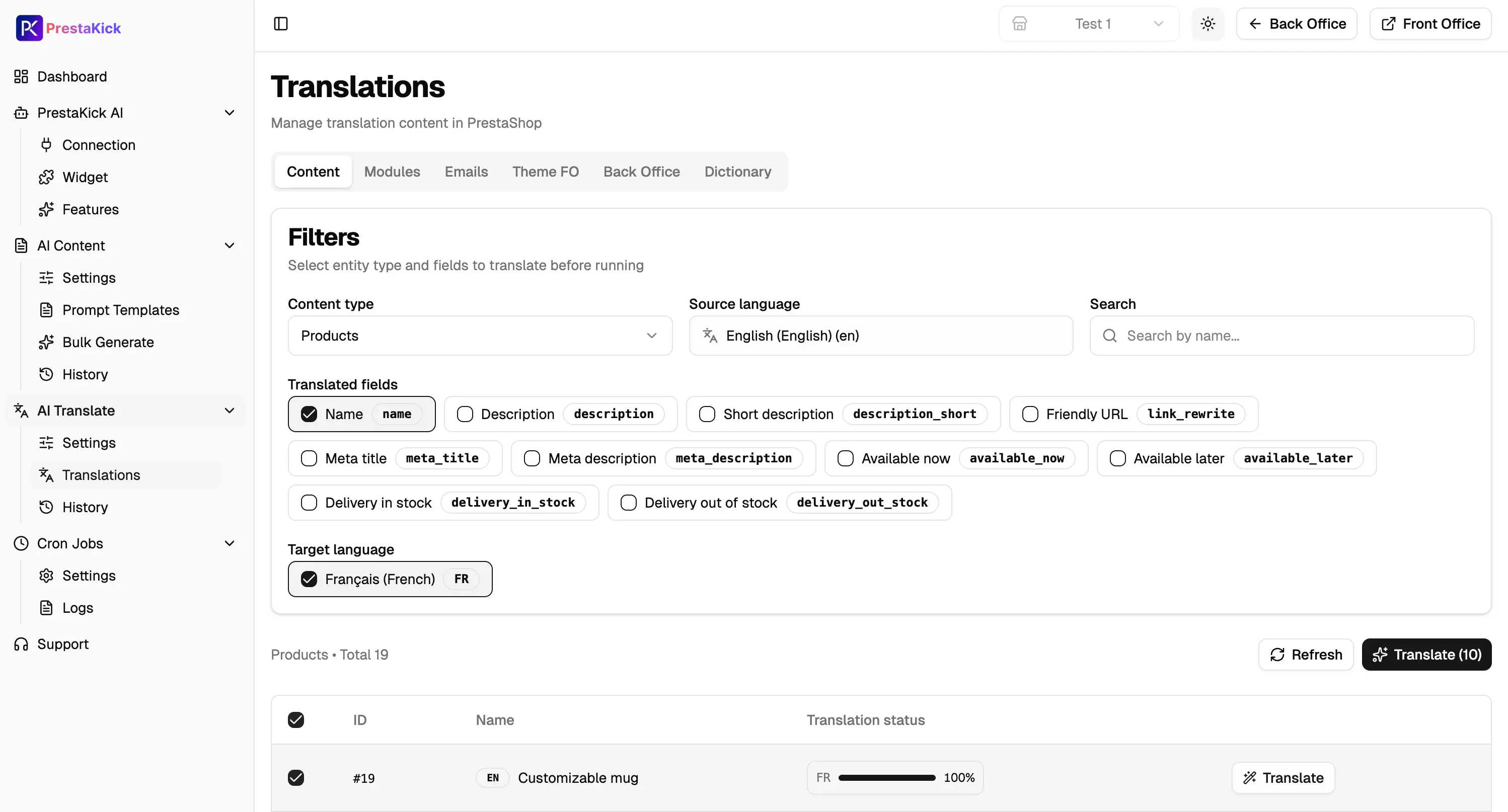 Create an AI Translate job in the PrestaKick module.