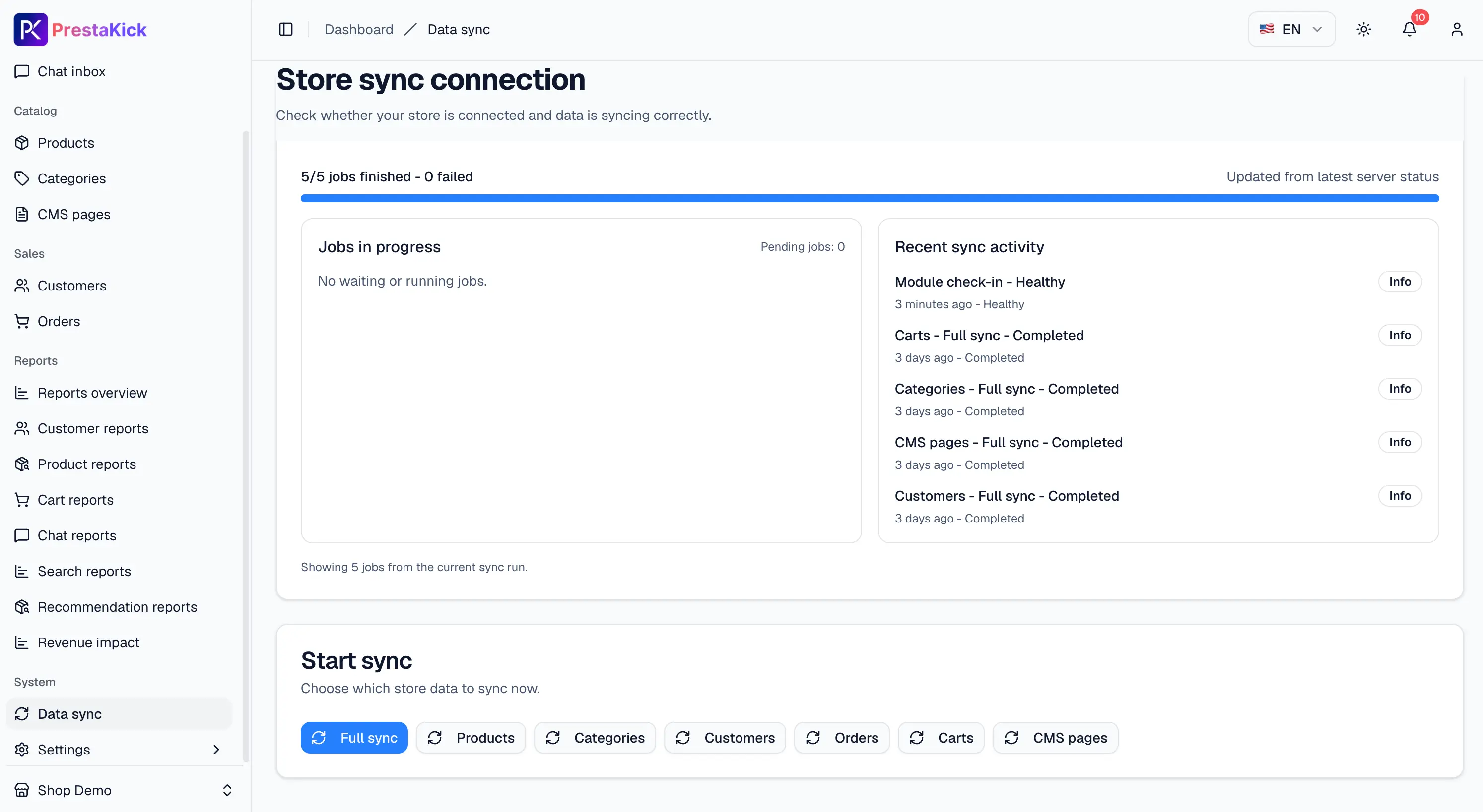 Run and monitor store data synchronization in PrestaKick.